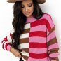 Pink Stripe Color Block High Neck Drop Shoulder Loose Sweater