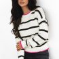 White Stripe Color Contrast Drop Shoulder Crew Neck Sweater