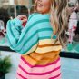 Yellow Stripe Gradient Striped Ribbed Edge Loose Sweater