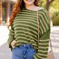 Green Stripe Drop Shoulder Casual Sweater