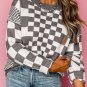 Gray Checkered Print Drop Shoulder Round Neck Sweater
