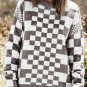 Gray Checkered Print Drop Shoulder Round Neck Sweater