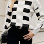 Black Checkered Ribbed Edge O Neck Drop Shoulder Sweater