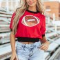 Red Sequin Rugby Color Block Puff Short Sleeve Sweater