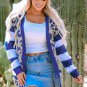 Dark Blue Stripe Sleeve Leopard Print Open Front Cardigan With Pockets