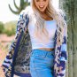 Dark Blue Stripe Sleeve Leopard Print Open Front Cardigan With Pockets