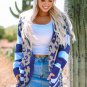 Dark Blue Stripe Sleeve Leopard Print Open Front Cardigan With Pockets