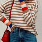 Brown Stripe Colorblock Bishop Sleeve Turtleneck Sweater