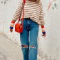Brown Stripe Colorblock Bishop Sleeve Turtleneck Sweater