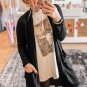 Black Solid Color Open Front Cardigan with Pocket