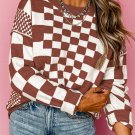 Brown Checkered Print Drop Shoulder Round Neck Sweater