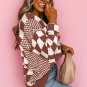 Brown Checkered Print Drop Shoulder Round Neck Sweater