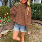 Brown Stripe Trimmed Round Neck Drop Shoulder Loose Sweater