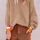 Parchment Colorblock Striped Trim Drop Shoulder Sweater