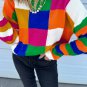 Orange Checkered Color Block Round Neck Loose Sweater