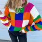 Orange Checkered Color Block Round Neck Loose Sweater