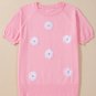 Pink Flower Pattern Short Sleeve Knitted Top