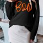 Black Boo Knitted Pattern Ribbed Edge Drop Shoulder Sweater