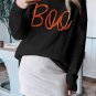 Black Boo Knitted Pattern Ribbed Edge Drop Shoulder Sweater
