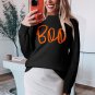 Black Boo Knitted Pattern Ribbed Edge Drop Shoulder Sweater