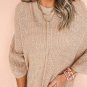 Light French Beige Contrast Striped 3/4 Sleeve Crew Neck Sweater