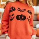 Orange Halloween Pumpkin Face Pattern Drop Shoulder Sweater