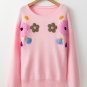 Pink Knitted Flower Pattern Ribbed Edge Sweater