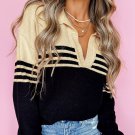 Black Colorblock Stripe Collared V Neck Sweater