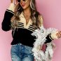 Black Colorblock Stripe Collared V Neck Sweater