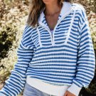 Sky Blue Stripe Zip up Collar Drop Shoulder Sweater