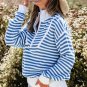 Sky Blue Stripe Zip up Collar Drop Shoulder Sweater