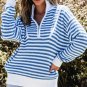 Sky Blue Stripe Zip up Collar Drop Shoulder Sweater