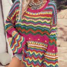 Rose Red Colorblock Striped Hollowed Knit Loose Sleeve Sweater