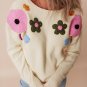 Beige Knitted Flower Pattern Ribbed Edge Sweater