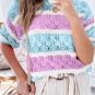 Purple Stripe Color Block Hollow Out Crochet Half Sleeve Sweater