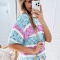 Purple Stripe Color Block Hollow Out Crochet Half Sleeve Sweater