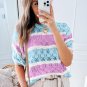 Purple Stripe Color Block Hollow Out Crochet Half Sleeve Sweater