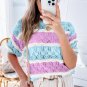 Purple Stripe Color Block Hollow Out Crochet Half Sleeve Sweater