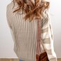 Khaki Cable Knit Colorblock Crew Neck Drop Shoulder Sweater
