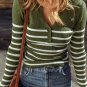 Green Stripe Ribbed Knit Henley Buttons Slim Fit Sweater