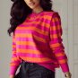 Rose Stripe Shoulder Pad Round Neck Sweater