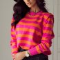 Rose Stripe Shoulder Pad Round Neck Sweater