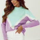 Green Chevron Colorblock Ribbed Knit Drop Shoulder Sweater