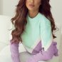 Green Chevron Colorblock Ribbed Knit Drop Shoulder Sweater