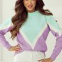 Green Chevron Colorblock Ribbed Knit Drop Shoulder Sweater