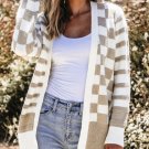 Smoke Gray Gingham Striped Knitted Open Front Cardigan