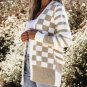 Smoke Gray Gingham Striped Knitted Open Front Cardigan