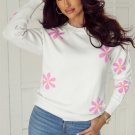 White Flower Pattern Ribbed Edge Elegant Sweater