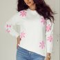 White Flower Pattern Ribbed Edge Elegant Sweater