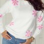 White Flower Pattern Ribbed Edge Elegant Sweater